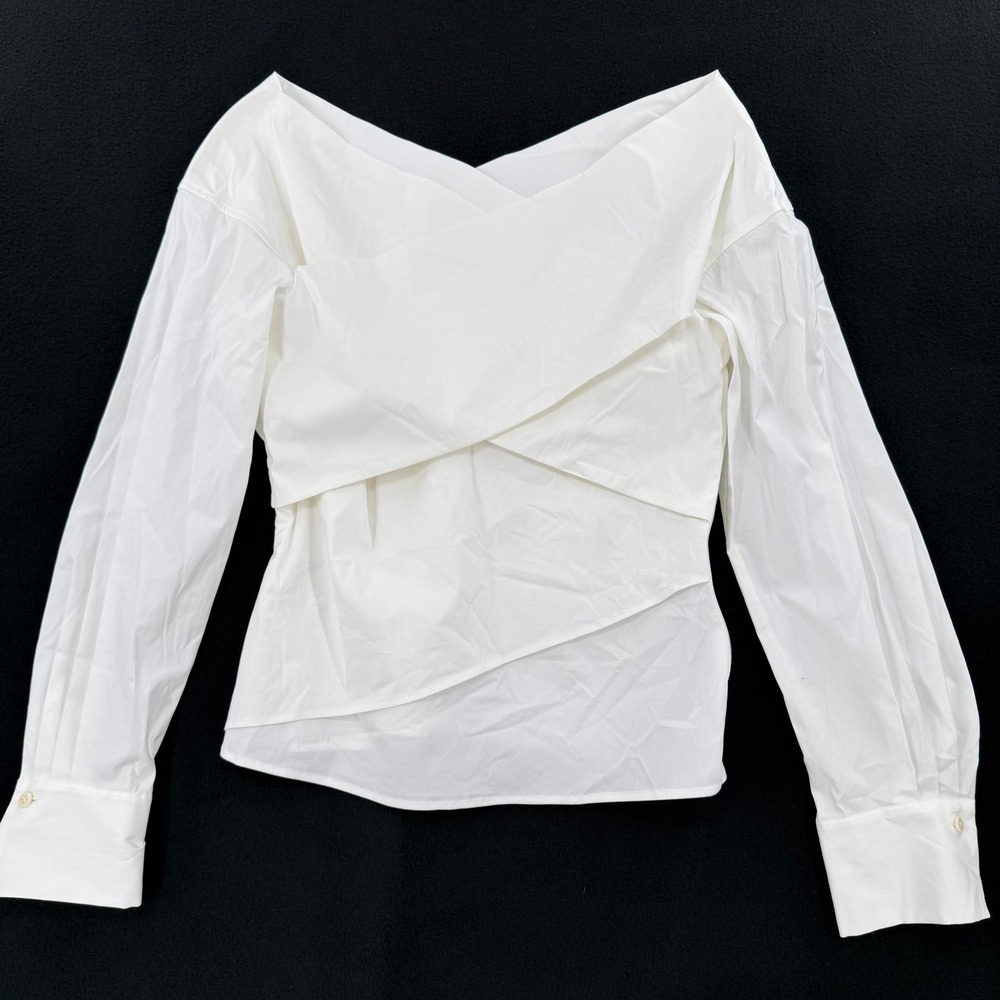 Theory Wrapped Top Women L White Stretch Cotton Off Shoulder H0704547